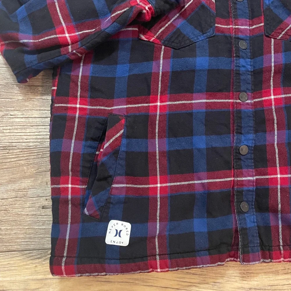 Hurley Men Sherpa Lined Plaid Flannel Shirt Jacket Red Blue Black HFA21SMJ-02880